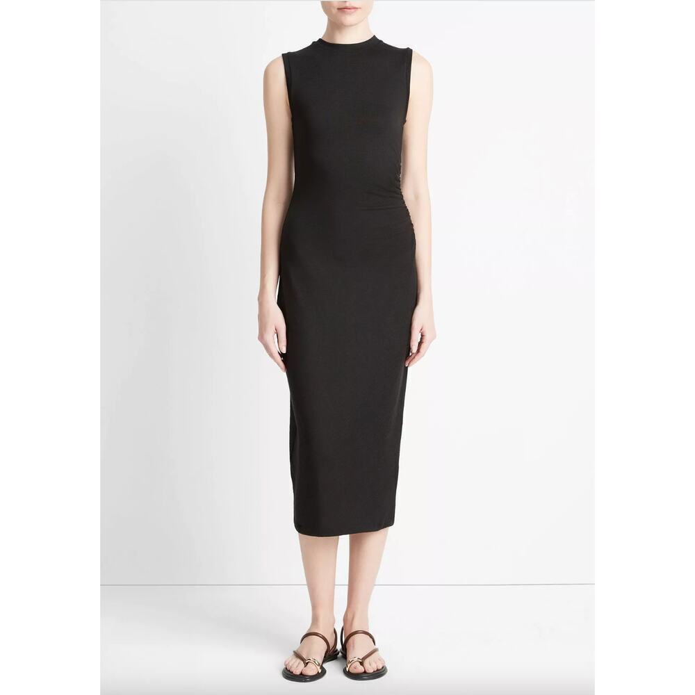 NWT Vince Black Gathered Waist Sleeveless Midi Dress • Minimalist • Size XL ⬇️